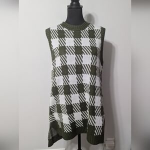 SHEIN Green and White Checkered High Low  Crewneck Sweater